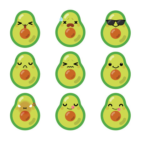 Set of cute cartoon avocado emoji set isolated on white background. Vector Illustration.のイラスト素材