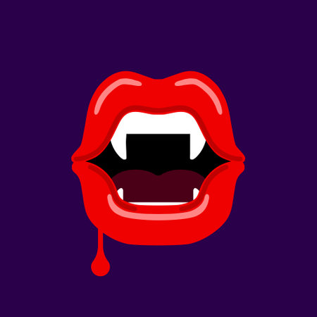 Bloody vampire lips. Vampire mouth with fangs vector icon. Cartoon open female red lips with long pointed teeth and bloody dripping saliva express emotion. Vector illustration.のイラスト素材