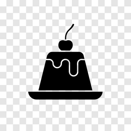 Pudding topped with cherry on plate silhouette icon. Fresh dessert illustration of a piece of caramel pudding topped with cherry. Vector illustration.のイラスト素材