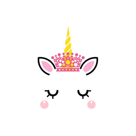 Unicorn queen. Magic pretty equine face with closed eyes with long eyelashes in joy. Happy mythical animal with crown flat style concept isolated on white background.のイラスト素材