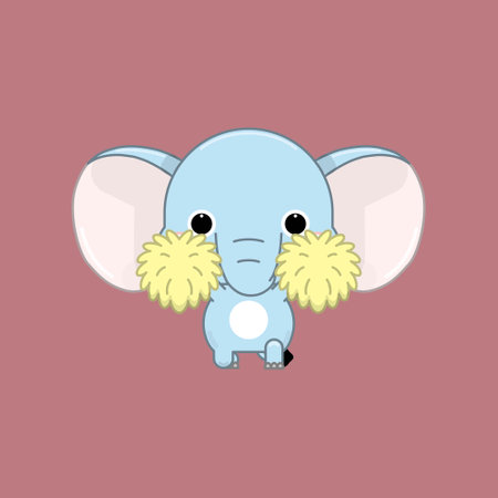 A Cute Cartoon Elephant with Both Hands Holding Pom-Poms, Cheering and Encouraging. Vector Illustration.のイラスト素材