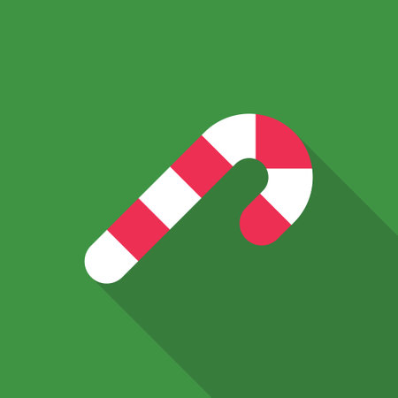 Candy cane sweet stick icon. Christmas or New Year festive flat icon. White cane with red stripes isolated on green background. Gift, greeting card print template. Vector illustratのイラスト素材