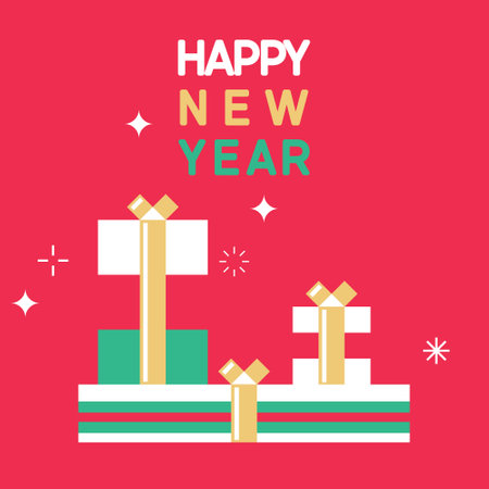 Merry Christmas and happy new year greeting card with gift boxes. Holiday banner, web poster, flyer, stylish brochure, greeting card, cover. Xmas background. Vector illustration.のイラスト素材