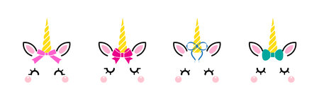 Four unicorn heads with bow tie ribbon set isolated on white background. Vector cartoon character illustration. Design for child card, t-shirt. girls, kid.のイラスト素材