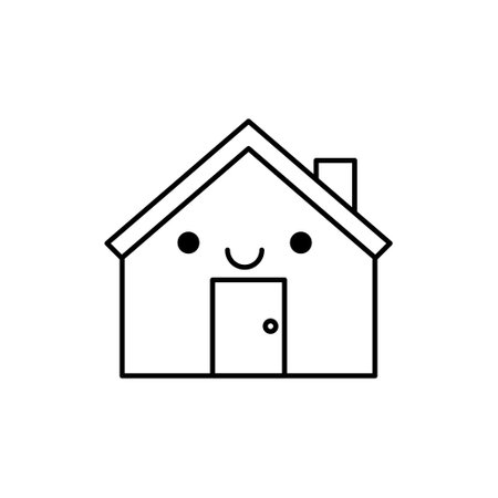 Cute happy smiling house character line icon for real estate, mortgage, loan, concept and homepage. Vector illustration.のイラスト素材