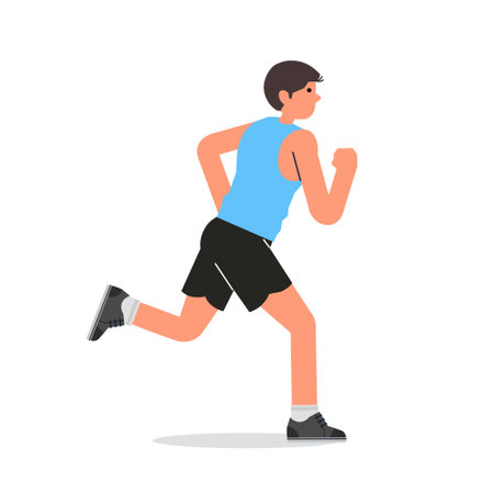 Man running. Young runner exercising. Male jogger training endurance, cardio sport workout. Active person jogging in hoodie and trainers. Flat vector illustration isolated on whiteのイラスト素材