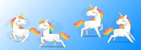 Set of Cute Cartoon Unicorns in different poses.Vector illustration.のイラスト素材