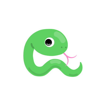 Cartoon Cute Green Snake with Tongue Out. Adorable Reptile Illustration, Friendly Animal Character,...