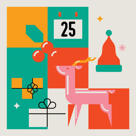 Bright Color Merry Christmas Modern Minimalist Geometric Design with Santa Hat, Reindeer, Decorations and Gifts. Vector Illustration.のイラスト素材