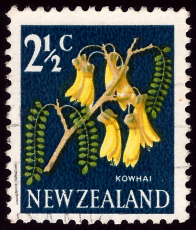 NEW ZEALAND - CIRCA 1964: A stamp printed in New Zealand show kowhai tree, which is endemic to New Zealand, series, circa 1964のeditorial素材