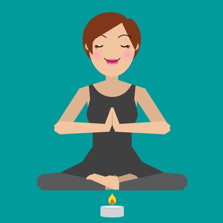 Beautiful young woman practicing yoga, meditating in yoga pose and namaste position isolated on white background. Vector illustrationのイラスト素材