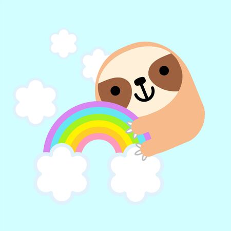 Cute sloth hanging on a rainbow. Cute animal for design and print. Vector illustration.のイラスト素材
