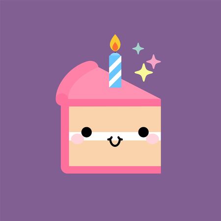Slice birthday cake with candle. In kawaii style with smiling face and pink cheeks. For sweet...