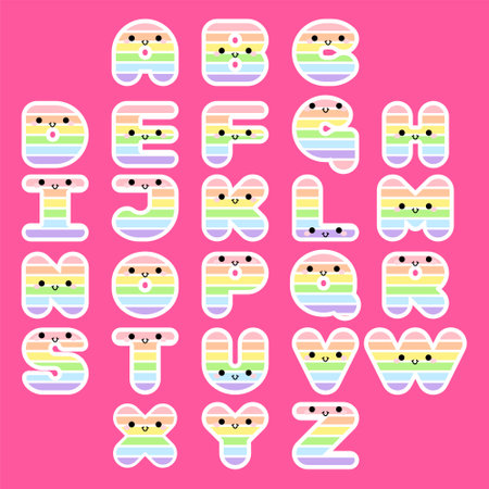 Rainbow alphabet set smiling face with eyes and mouth on pink background. Colorful ABC design for book cover, poster, card, print on baby's clothes, pillow etc. Vector illustration.のイラスト素材