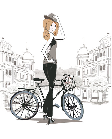 Fashion girl in a hat on a bicycle in the streets of the old cityのイラスト素材