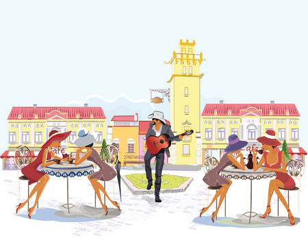 Series of the streets with people and musicians in the old cityのイラスト素材