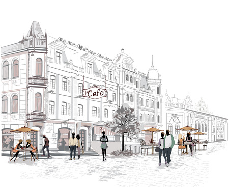 Series of the streets with people in the old cityのイラスト素材