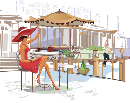Series of street cafes in the city with people drinking coffeeのイラスト素材