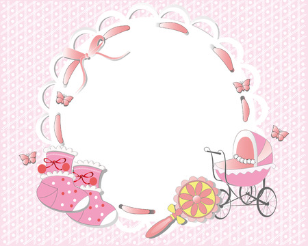 Children frame decorated with a pink ribbon, baby carriage, socksのイラスト素材