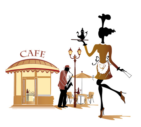 Series of street cafes in the city with musicians and people drinking coffeeのイラスト素材