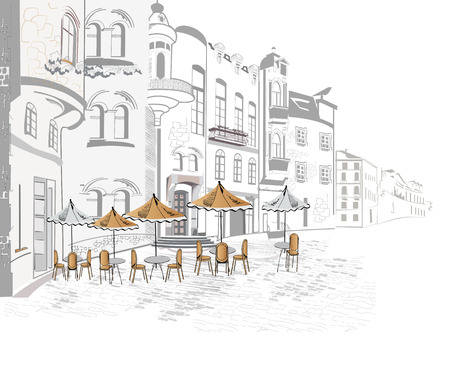 Series of sketches of beautiful old city views with cafes - coffee frameのイラスト素材