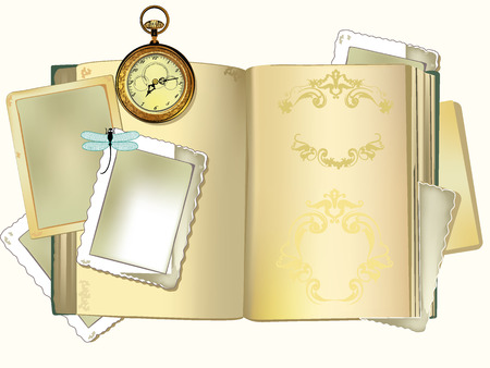 Old book with old photo and paper frames, clock for backgroundのイラスト素材