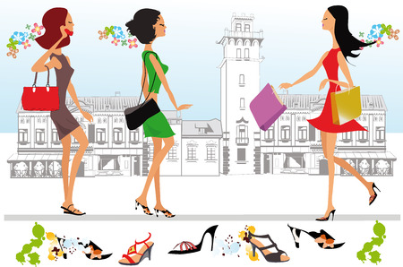 Fashion girls go shopping the streets of the old cityのイラスト素材