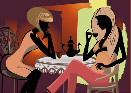 Fashion girls are inside cafeのイラスト素材
