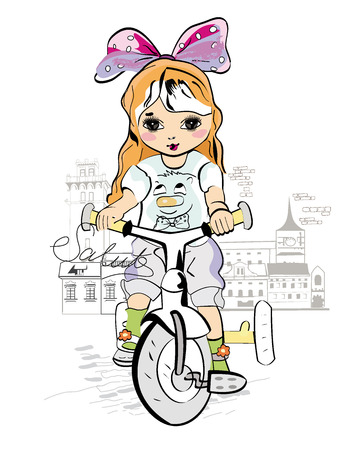 Sketch of a cute baby girl on the bicycle at the streetのイラスト素材