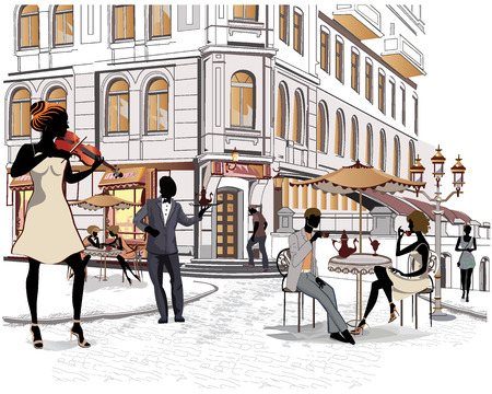 Series of the streets with people in the old city, street musiciansのイラスト素材