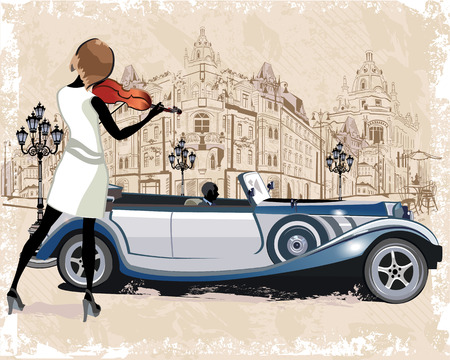 Series of vintage backgrounds decorated with retro cars and old city street views. Street Musicians. Hand drawn Vector Illustration.のイラスト素材