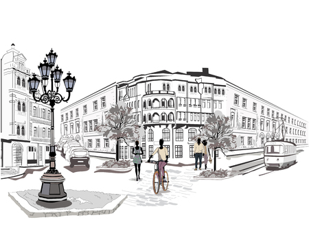 Series of the streets with people and musicians in the old cityのイラスト素材