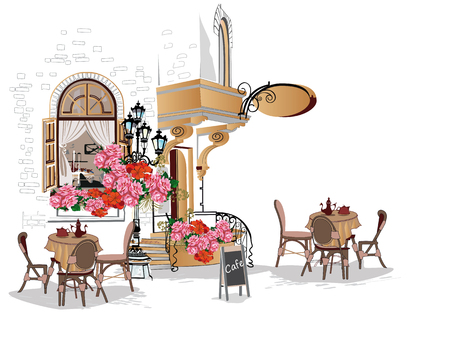 Background decorated with flowers, old town view and street cafe. Hand drawn Vector Illustration.のイラスト素材