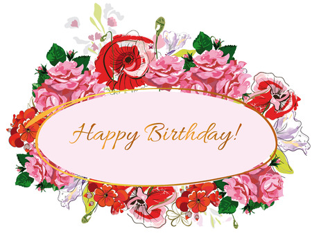 Summer floral background, abstract irises, poppies, roses and geranium flowers with green tender splashes. Hand drawn illustration.のイラスト素材