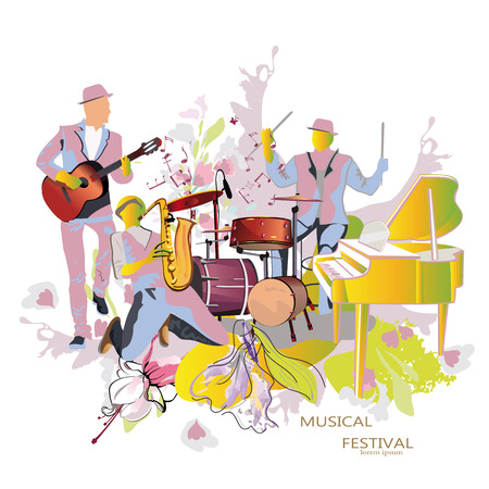 Abstract musical background with musicians and flowers. Saxophonist, guitarist, drummer.のイラスト素材