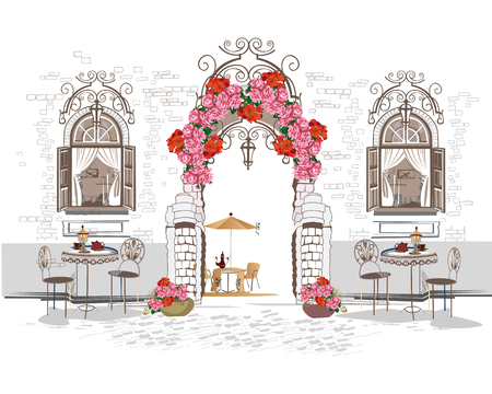 Background decorated with flowers, old town view and street cafe. Hand drawn Vector Illustration.のイラスト素材