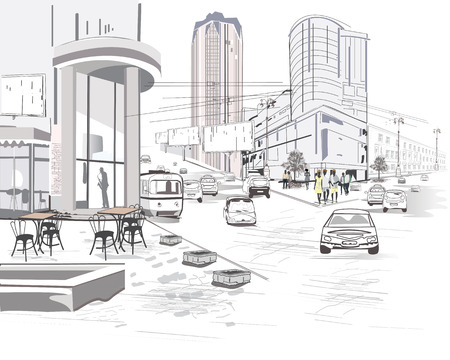 Series of modern city views with skyscrapers and shopping centers. Hand drawn vector illustration.のイラスト素材