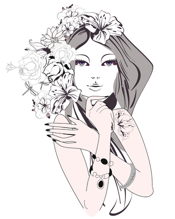 Sketch of young beautiful woman with flowers and butterflies. A beautiful girl's face. illustration.のイラスト素材