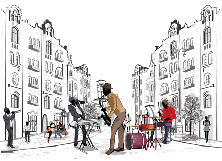 Series of the streets with musicians in the old city.のイラスト素材