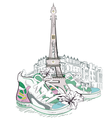 Travel in sneakers through France. The Eiffel Tower.のイラスト素材
