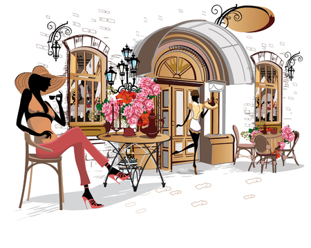Series of street cafes in the city with people drinking coffee. Girl in the street cafe.のイラスト素材