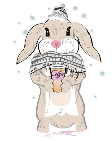 Cute bunny in knitted scarf and hat drrinking coffee. Vector illustration. Hand drawn graphic, kid printのイラスト素材