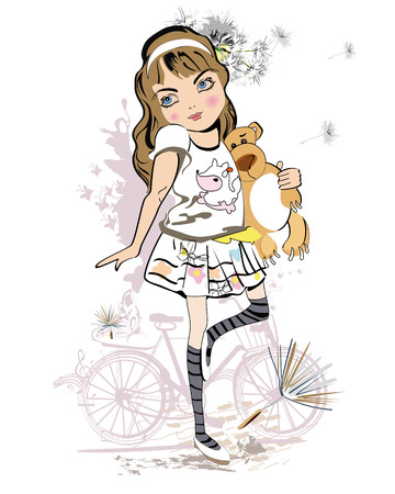 Cute fashion girl with a teddy bear. Girl in skirt. Hand drawn Vector Illustration.のイラスト素材