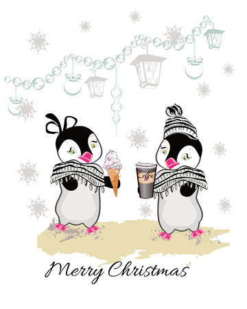 Christmas card with cute penguins eating an ice-cream and drinking coffee.のイラスト素材