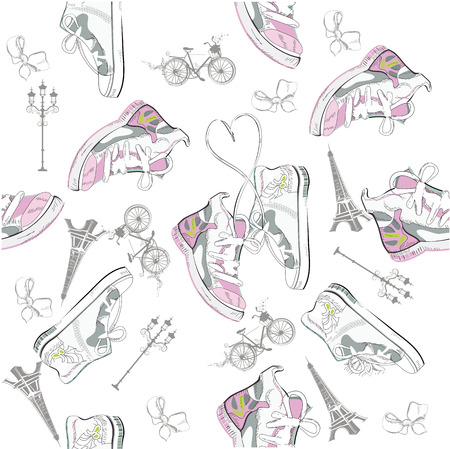 Background with snikers, the Eiffel Tower, lanterns, bows. Hand drawn vector illustration.のイラスト素材