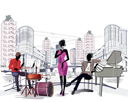 Series of the streets with musicians in the old city.のイラスト素材