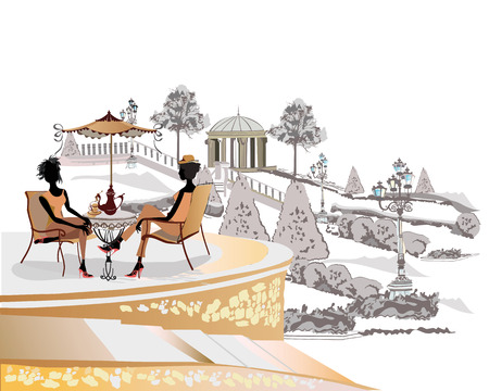 Fashion people in the restaurant. Street cafe with flowers in the old city park.のイラスト素材