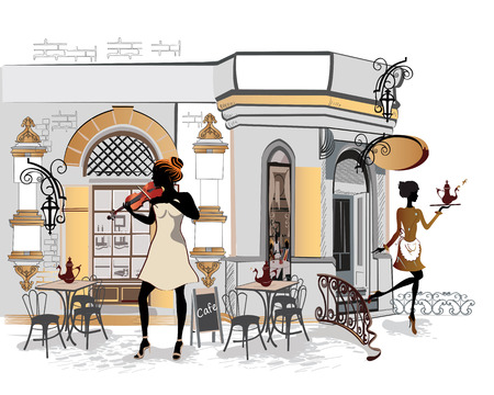 Fashion people in the restaurant. Street cafe in the old city. Waiters serve the tables.のイラスト素材