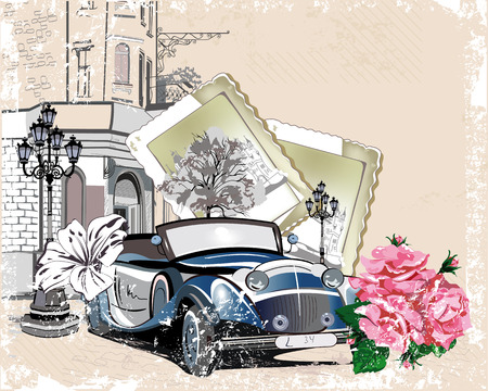 Series of vintage backgrounds decorated with retro cars and old city street views. Hand drawn Vector Illustration.のイラスト素材