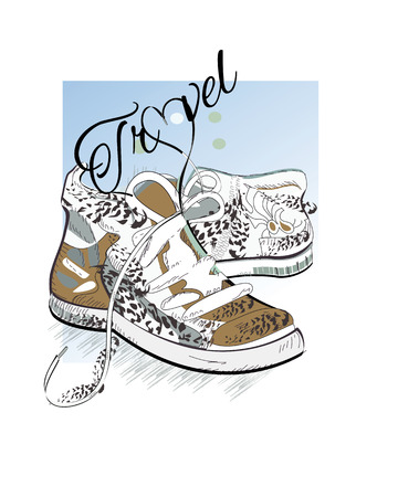 Pair of sneakers with laces in the form of heart. Hand drawn vector illustration.のイラスト素材